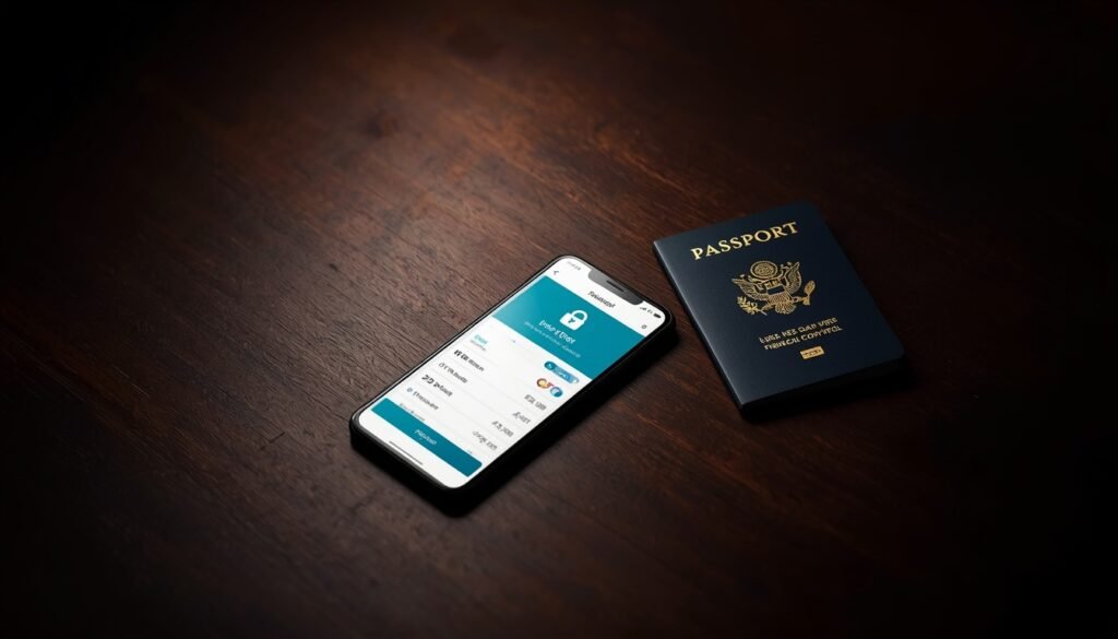Smartphone con una aplicación bancaria abierta frente a un pasaporte, representando la gestión de finanzas globales.