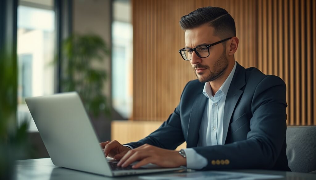 Un profesional extranjero gestionando sus finanzas globales y transferencias desde su ordenador portátil en un elegante despacho.