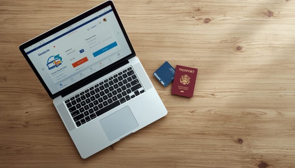 Ordenador portátil moderno mostrando una plataforma de banca digital internacional junto a una tarjeta de débito y un pasaporte.