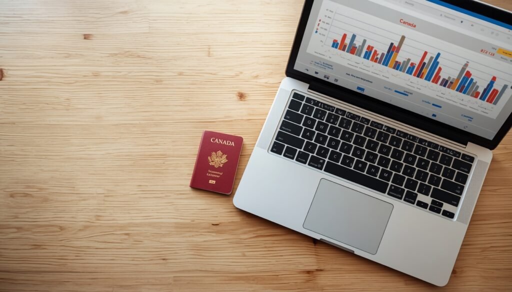 Pasaporte canadiense junto a un ordenador portátil moderno con gráficos de planificación migratoria en la pantalla.