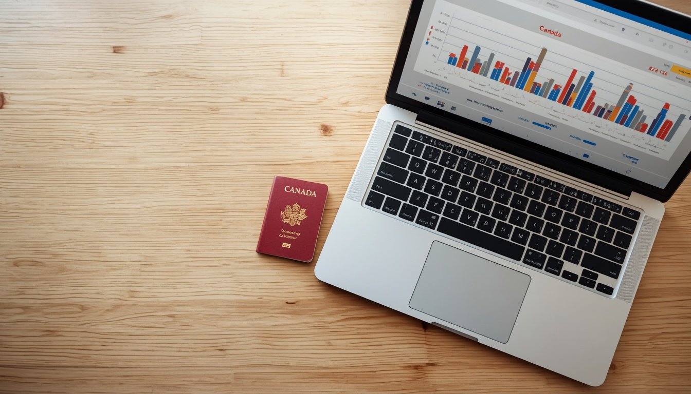 Proceso de cómo emigrar a Canadá en 2026, documentos de inmigración y pasaporte sobre un escritorio