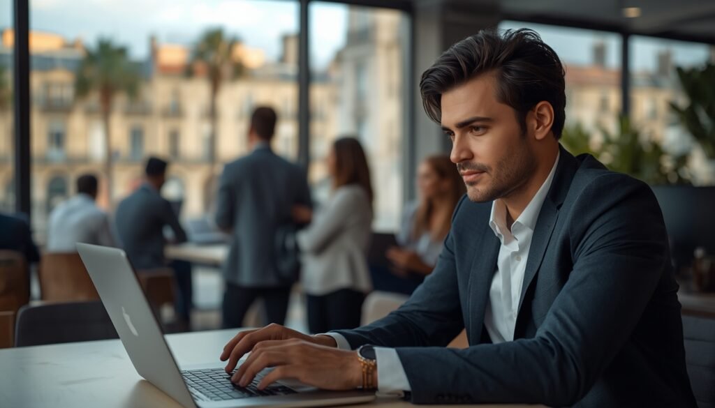 Un profesional extranjero cualificado trabajando en un moderno espacio de coworking en Madrid, concurrido pero luminoso.