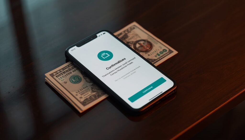 Smartphone con una app de transferencia internacional abierta, mostrando una transacción exitosa hacia Estados Unidos.