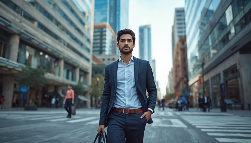 Um profissional de negócios caminhando em um centro urbano moderno de Toronto com um computador na mochila.