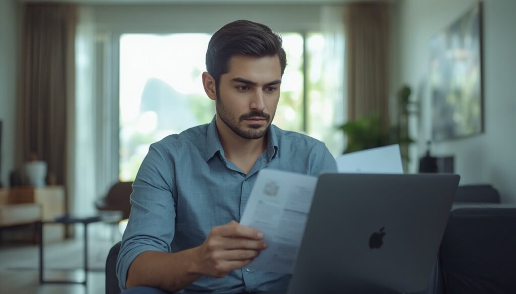 Un profesional extranjero revisando los requisitos de visado y trámites para vivir en Brasil en un ordenador portátil en una oficina moderna.