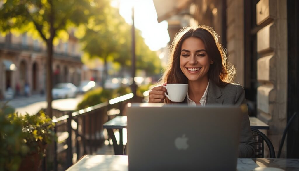 Un expat disfrutando de un café matutino en una terraza soleada en Barcelona, revisando su ordenador portátil con una sonrisa.