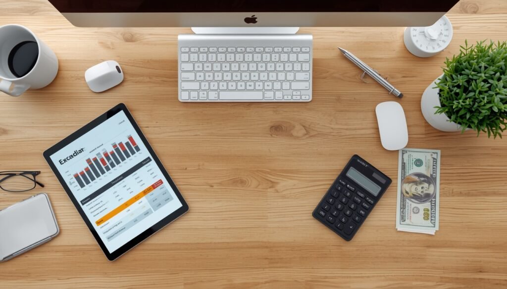 Calculadora digital, billetes de dólar canadiense y gráficos de presupuesto organizados sobre una mesa de oficina moderna.