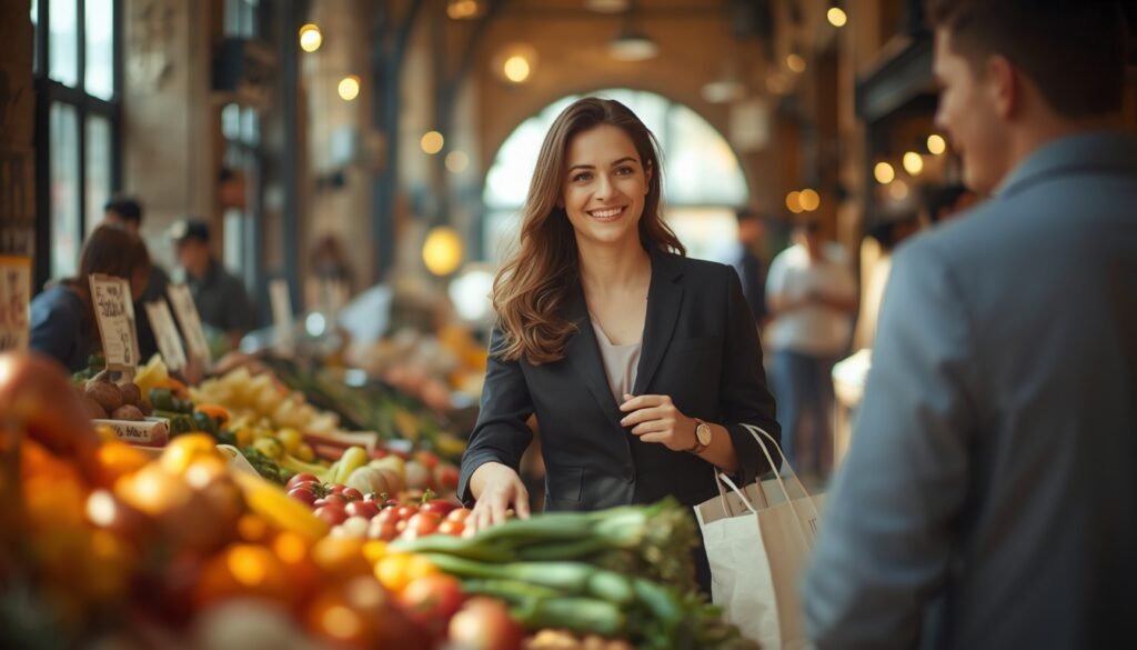 Una joven profesional extranjera comprando productos frescos en un mercado tradicional y luminoso en Barcelona, sosteniendo una bolsa ecológica.