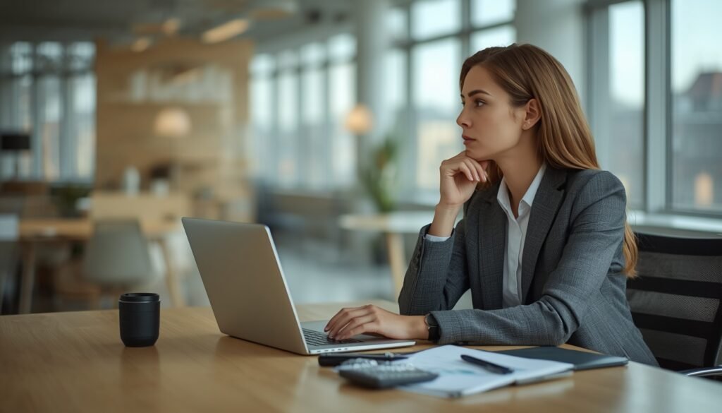 Uma profissional expatriada analisando gráficos financeiros e custos de vida em um laptop em um escritório moderno.