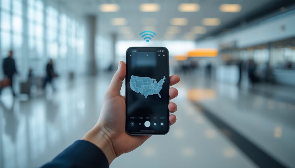 Smartphone moderno con señal de red activa y un mapa de Estados Unidos en la pantalla.