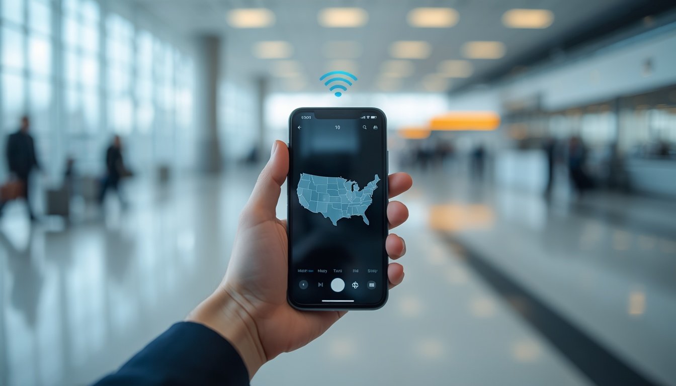 Mejor eSIM para Estados Unidos 2026, persona usando el celular con mapa de Estados Unidos