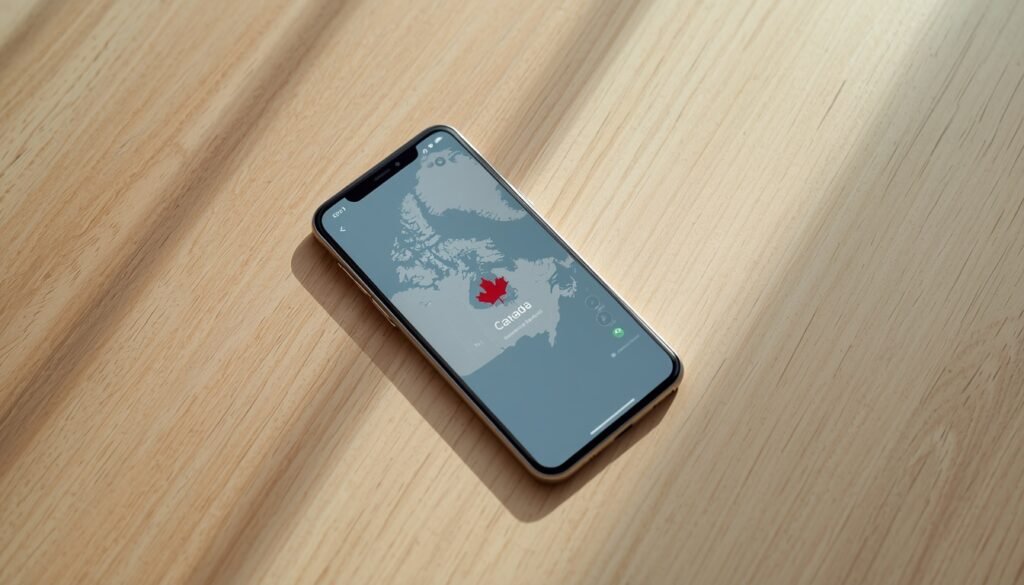 Teléfono inteligente moderno mostrando una pantalla de conexión móvil digital con un mapa de Canadá de fondo.