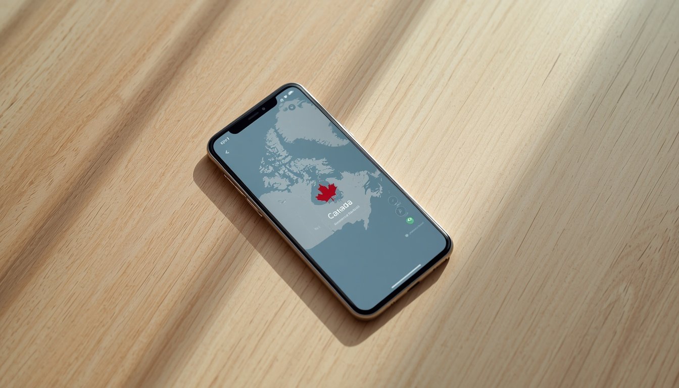 Smartphone mostrando cobertura de red activa con un mapa de Canadá de fondo