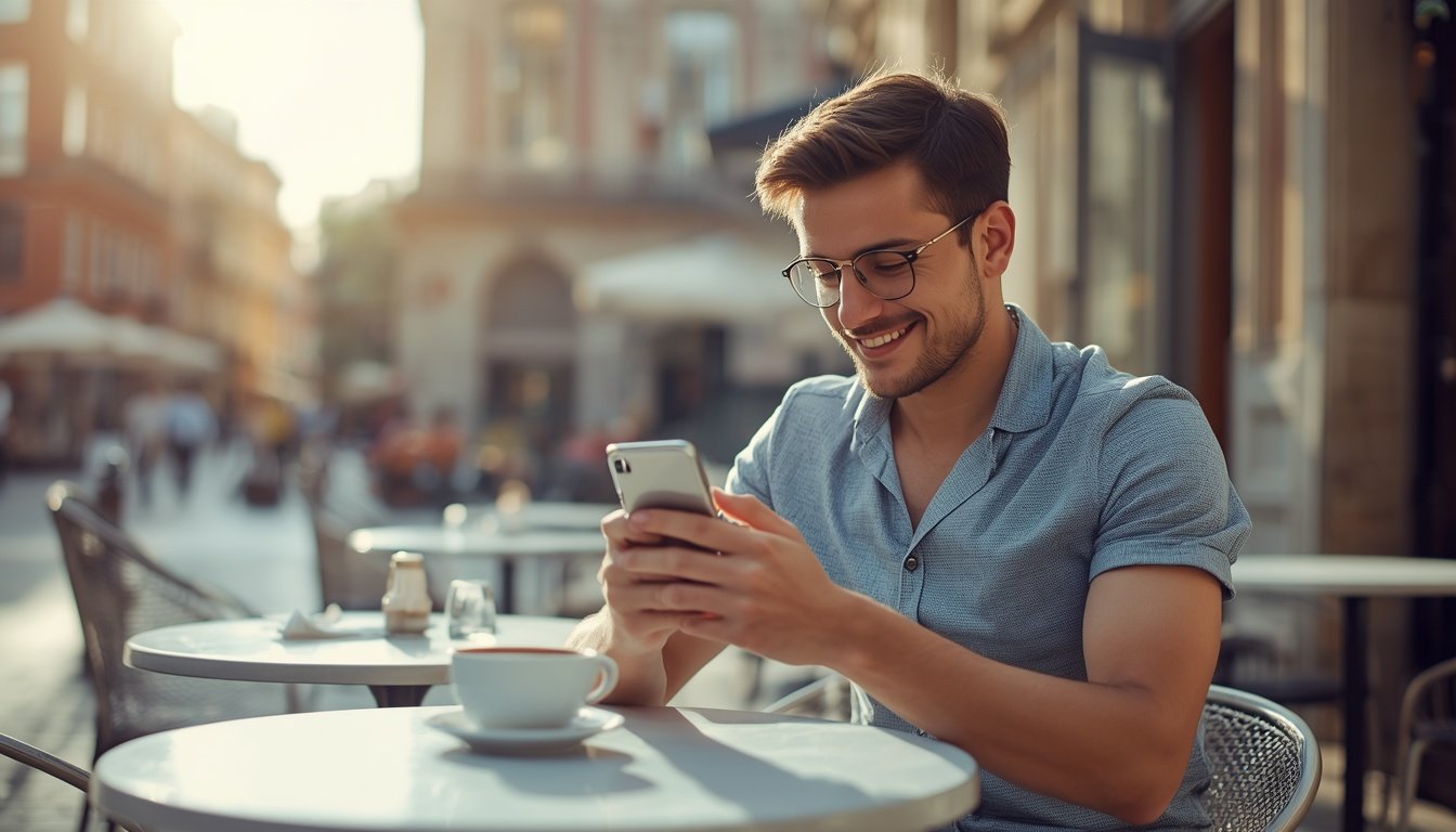 Turista latinoamericano activando su eSIM para España en el aeropuerto de Madrid-Barajas