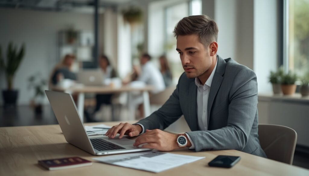 Un profesional revisando los requisitos de la Opportunity Card de Alemania en un ordenador portátil desde un espacio de trabajo moderno.