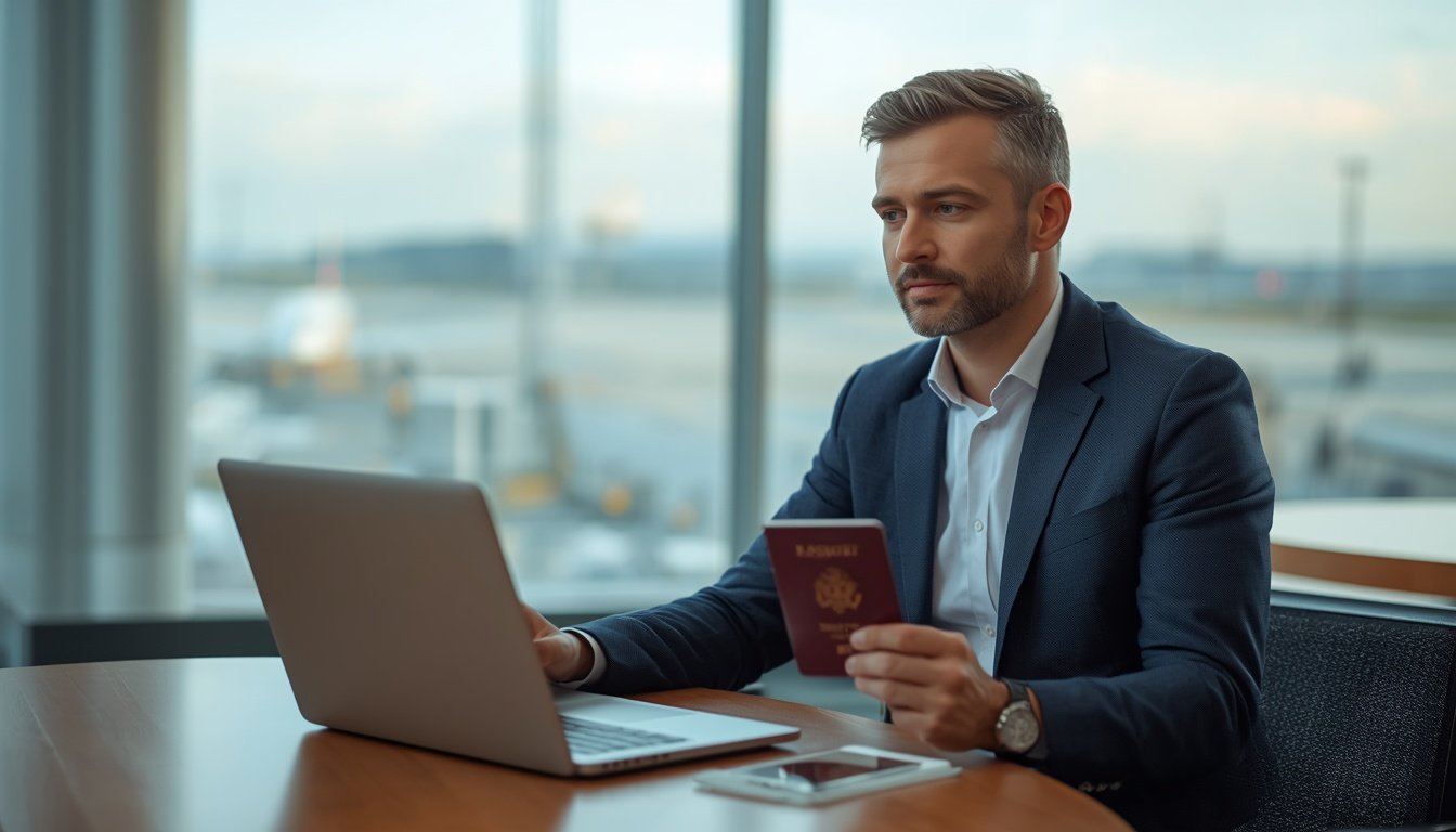 Viajero revisando su pasaporte y documentos antes de un vuelo con destino a Brasil en 2026