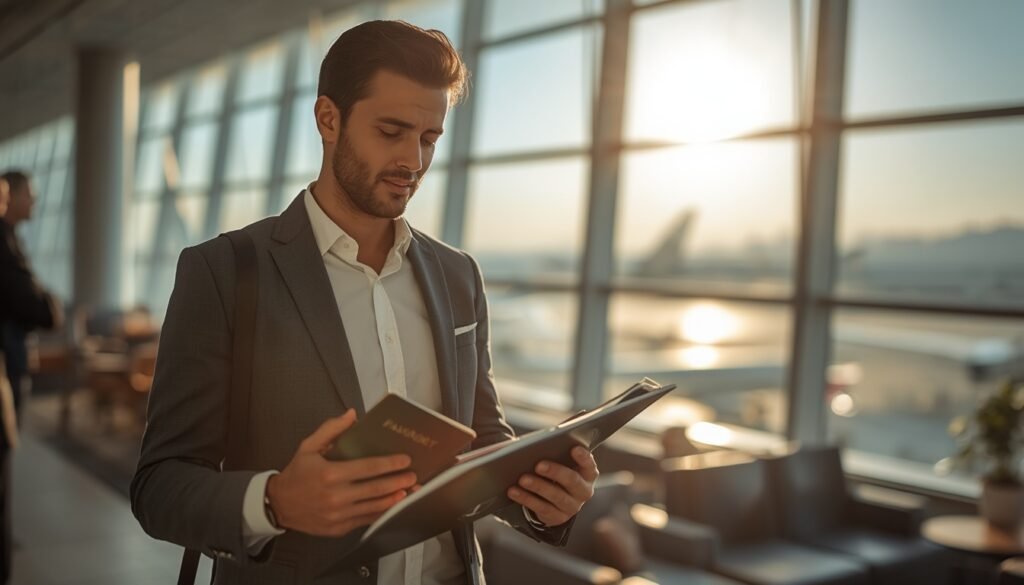Un viajero profesional revisando su pasaporte y documentos de viaje en una elegante sala de espera de aeropuerto con ventanales panorámicos.