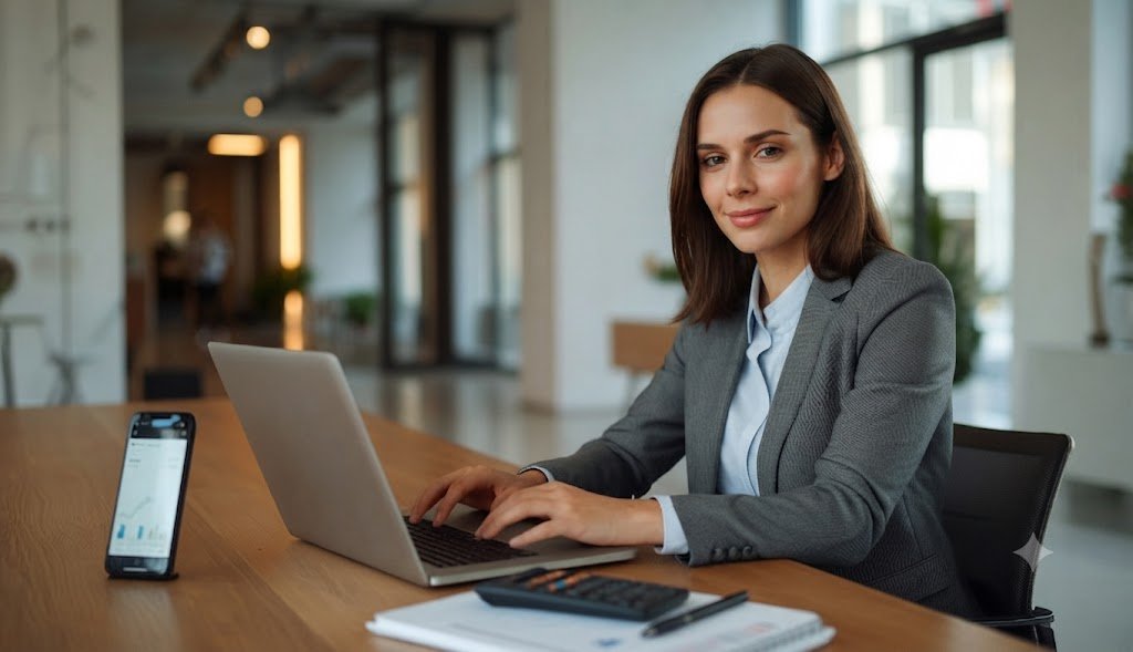 Uma profissional expatriada revisando dados financeiros complexos em um notebook em um escritório moderno com iluminação natural.