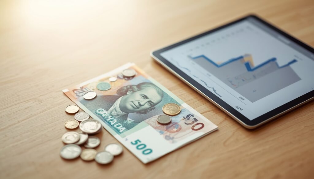 Infográfico limpo mostrando ícones de moedas e notas de dólar canadense em um ambiente de trabalho profissional.
