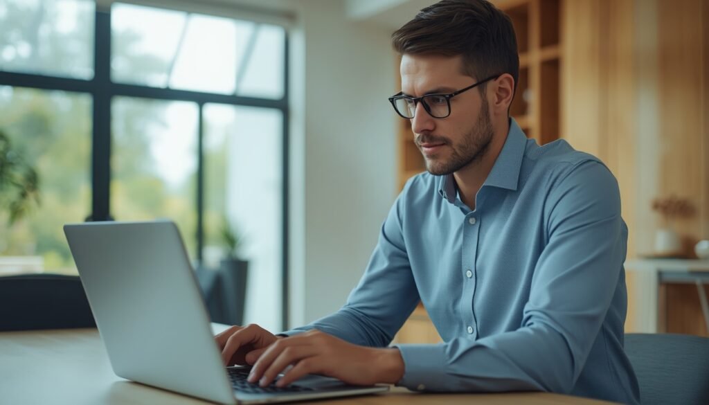 Un profesional analizando gráficos de datos financieros y de salario mínimo en un ordenador portátil en una oficina moderna.