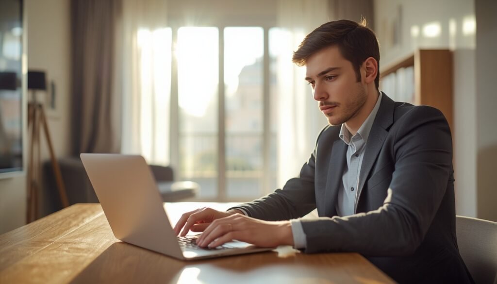 Un joven profesional extranjero revisando su nómina digital y cuentas en un ordenador portátil en un luminoso piso en Madrid.