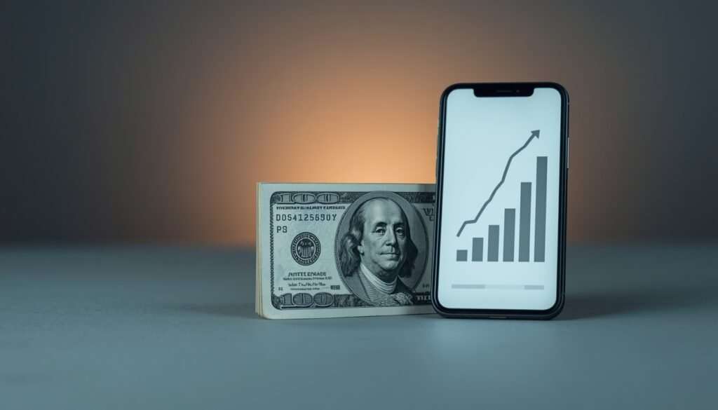 Gráfico sobre un smartphone mostrando el aumento del salario mínimo en dólares estadounidenses.