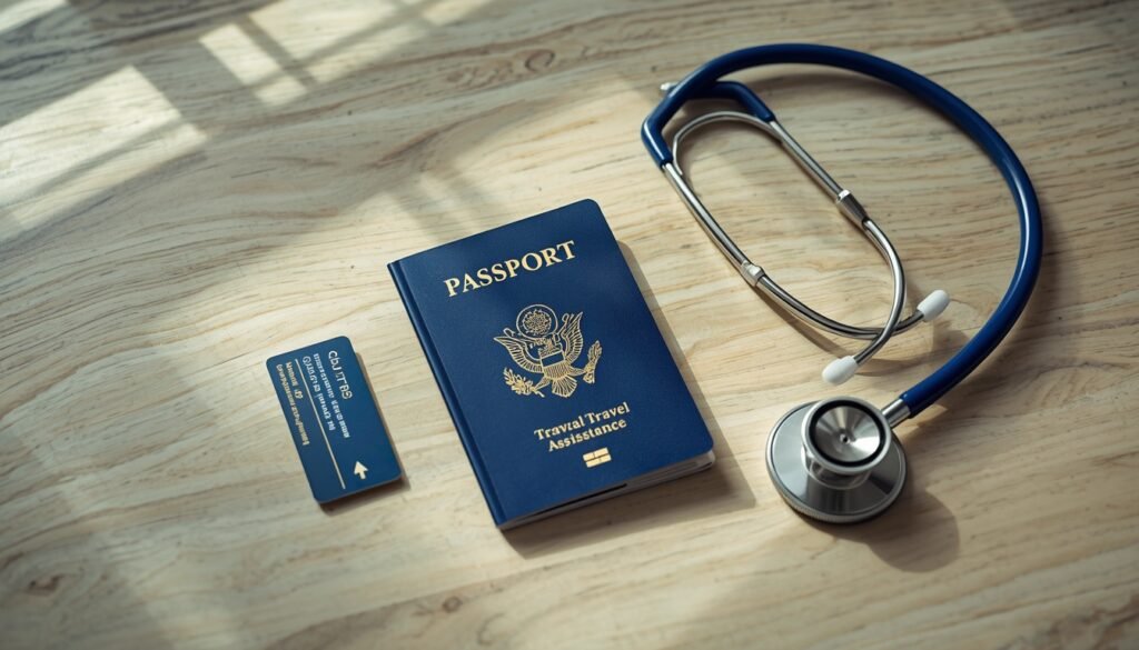 Pasaporte y una tarjeta de asistencia de viaje digital sobre una mesa de madera limpia junto a un estetoscopio moderno.