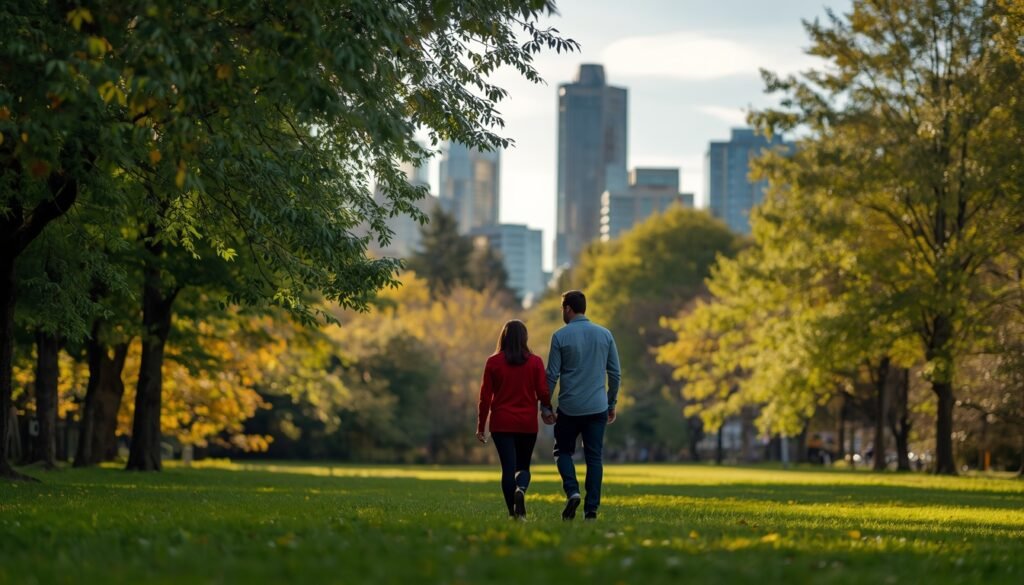 Casal caminhando em um parque arborizado com vista para o skyline de Vancouver ao fundo.