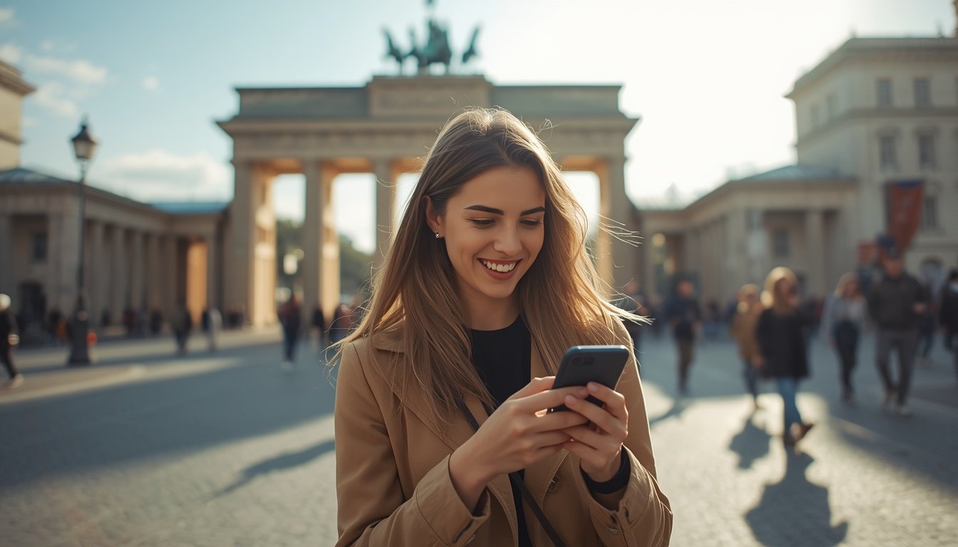 Viajera utilizando una eSIM en su smartphone con conectividad 5G en una calle céntrica de Berlín
