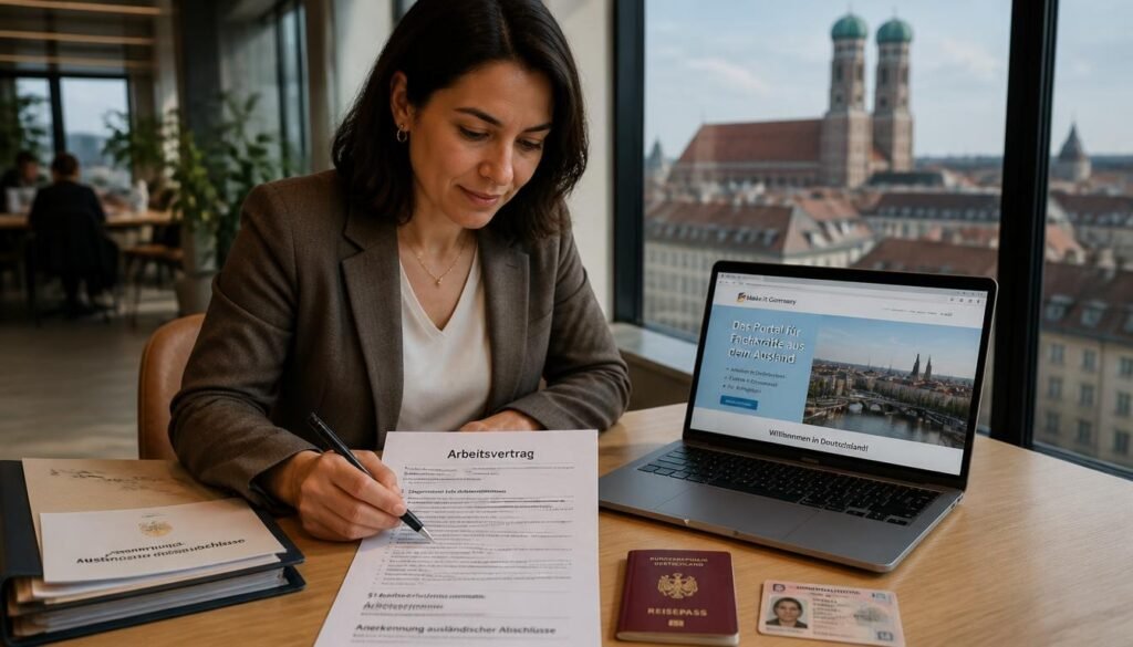 Una profesional expatriada revisando los requisitos legales y contratos de trabajo para Alemania en una oficina moderna.