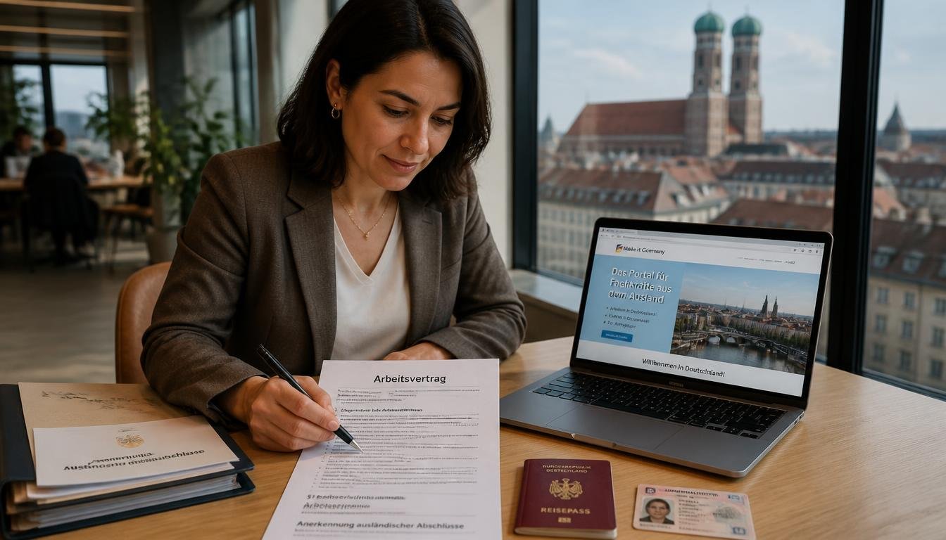 Profesional latinoamericano revisando requisitos legales para trabajar en Alemania en 2026