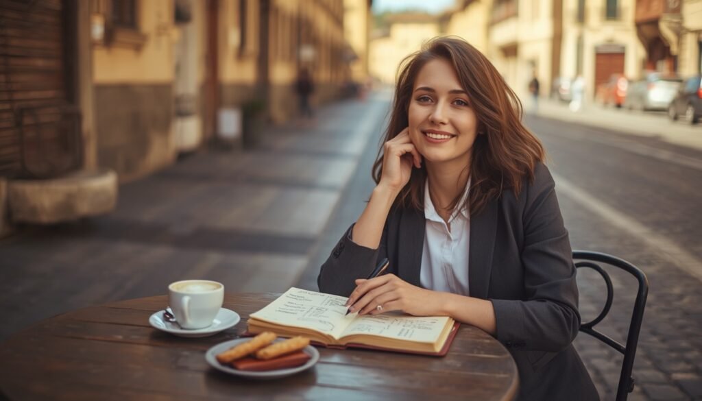 Uma jovem profissional sorridente planejando o orçamento mensal com um caderno e uma xícara de café em uma cafeteria na Itália.
