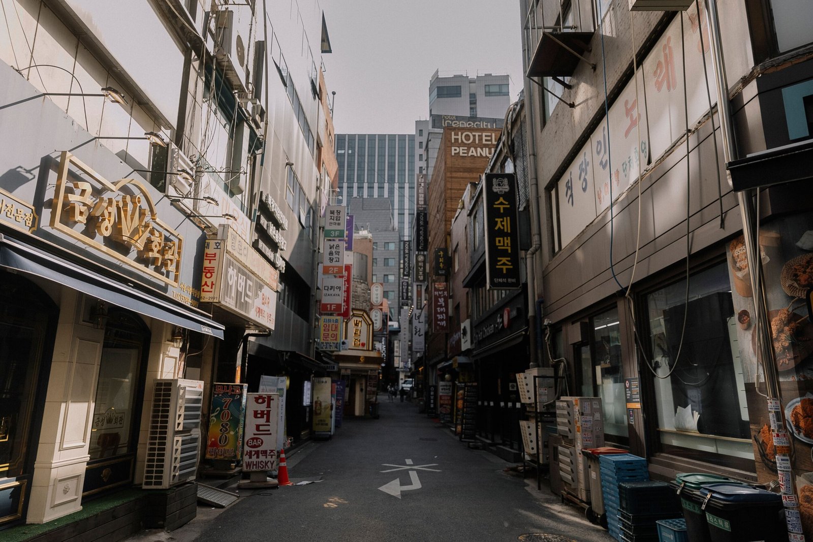 Calle residencial en Seúl, Corea del Sur, con letreros comerciales y peatones
